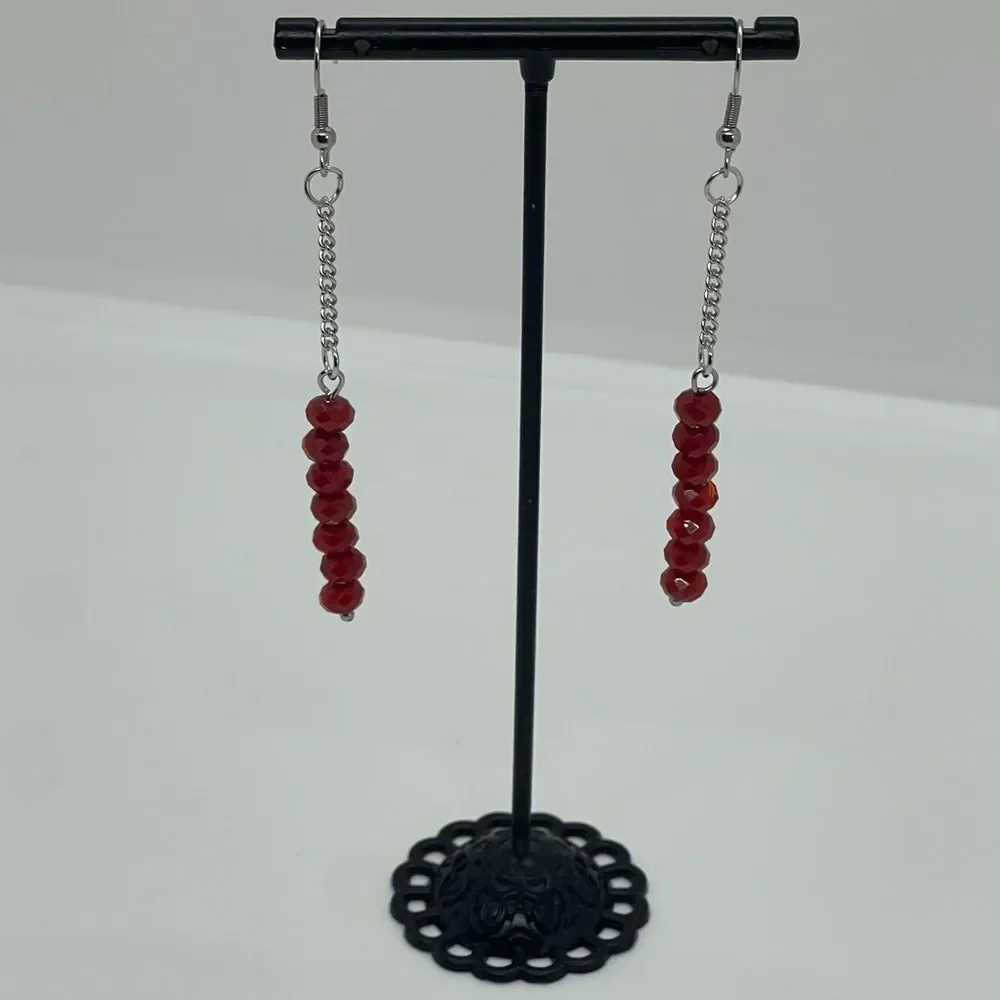 Hand Crafted Red Crystal With Chain Earrings Set NWT